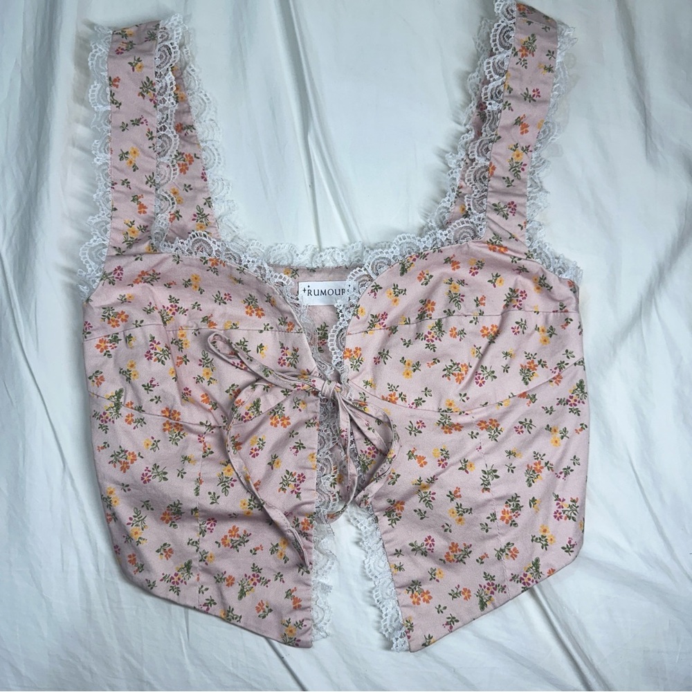 Rumored Pink Floral Lace Trim Crop Top